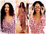 Rihanna's Bares Chest In Cranberry Floral Dress 