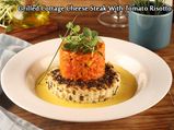  Grilled Cottage Cheese Steak With Olive & Cilantro Tapenade, Tomato Risotto, Saffron Sauce