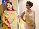 Kajol Flaunts Her Two Contrasting Avatars With A Simple Traditional Suit And Dramatic Concept Sari