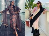 Rani Mukerji  Looks Simply Elegant In A Pretty Pink Silk Sari And Lovely Grey Suit