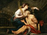 Behind Story Historical Painting Daughter Breastfeeds Father