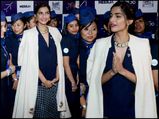 Sonam Celebrates Neerja With Indigo Staff In An Ink Blue Skirt