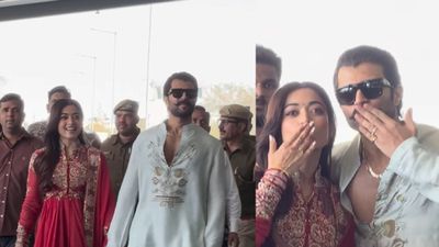 Newly Weds Vijay Deverakonda, Rashmika Mandanna Step Out Hand In Hand, Blow Flying Kisses At Udaipur Airport