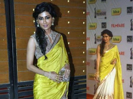 Chitrangada in neon yellow saree