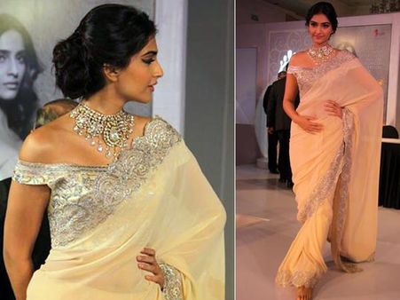 The creamy white saree with off-shoulder blouse