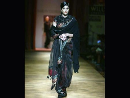 Black and red net saree