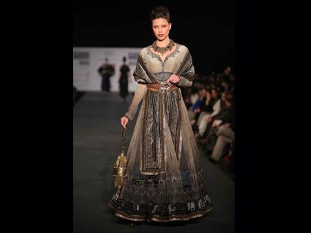 Cream and grey lehenga suit