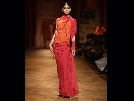 Neon pink and orange lehenga style gown