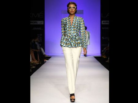 White pant with printed top