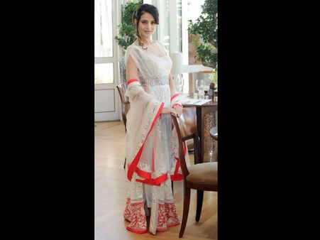 White & Neon Red Lehenga