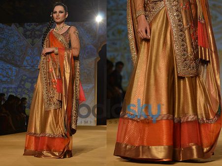 Sheer Lace Border On Golden Lehenga Sheer Lace Border On Golden Lehenga