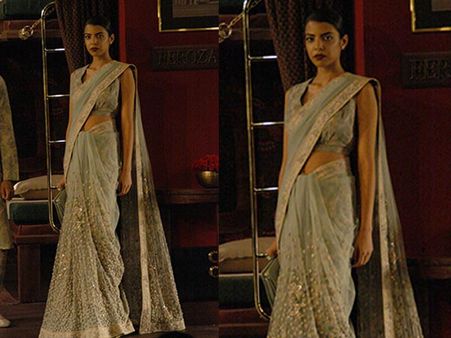 Blue Tulle Saree With Parsi Border