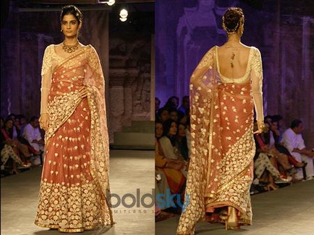 Coral Saree With Mesh Blouse