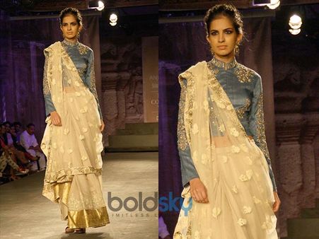 White Saree With Blue Bandhgala Blouse