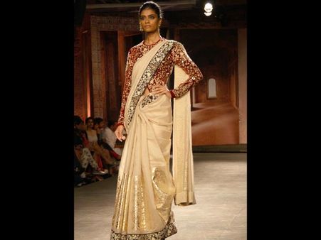 White & Gold Saree With Red Velvet Blouse