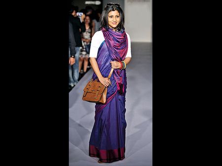 Purple Cotton Saree + Tan Sling Bag