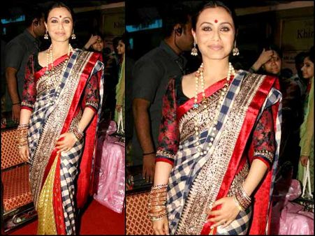Check Saree With Red And Silver Gota Border