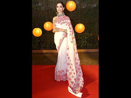 Deepika Padukone White & Red Saree
