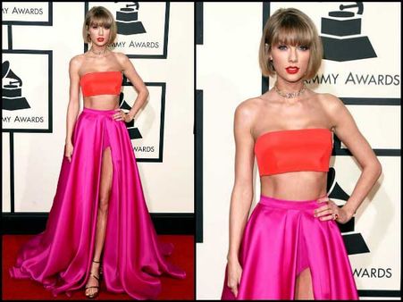 Taylor Swift In Tomato Red Bandeau & Pink Skirt