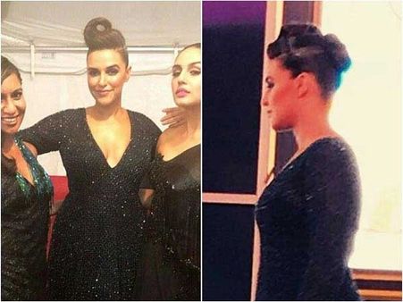 Neha Dhupia: Rolled Fat Hair Spike With A Tiny Central Bun