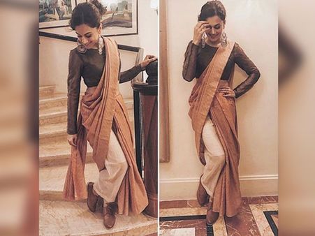 Taapsee And Men Boots With Saree Trend 