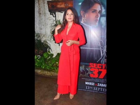 Richa Chadha In A Red Draped Jumpsuit
