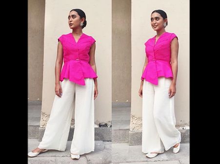 Sayani Gupta In A Pink Jacket And White Palazzos