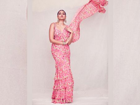 Sonakshi Sinha’s Rasberry Pink Ruffle Sari