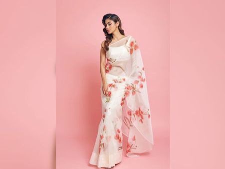 Mouni Roy In A White Silk Floral Organza Sari