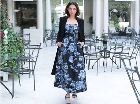 Aditi Rao Hydari In A Blue Floral Midi And Black Shrug