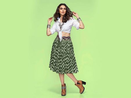 Aditi Rao Hydari In A White Knotted Shirt And Printed Green Skirt