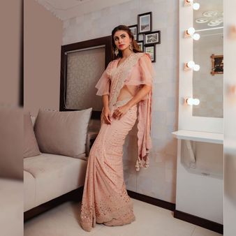 Mouni Roy In A Blush Pink Sari And Dramatic Blouse