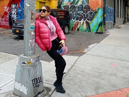 Sara Ali Khan In Pink Quilted Jacket And Black Jeans