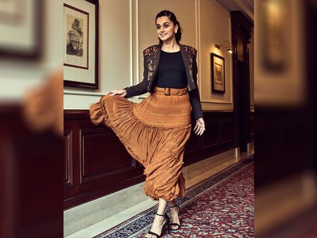 Taapsee Pannu In A Handloom Jacket-Golden Skirt