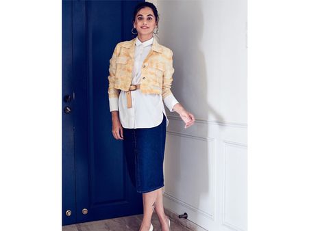 Taapsee Pannu In A Crop Jacket-Denim Skirt