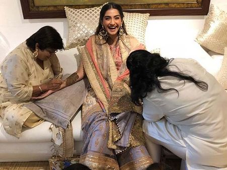 Sonam Kapoor Ahuja In A Peach & Lavender Ensemble For Mehendi