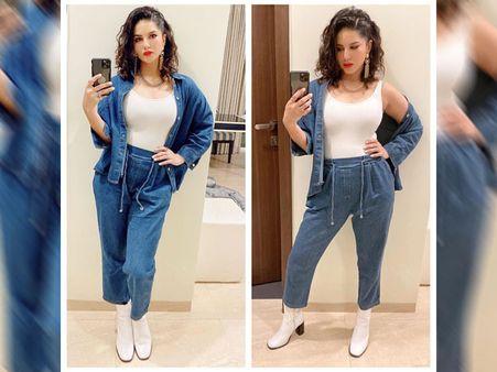 Sunny Leone In White Tee With Denim Jacket & Pants