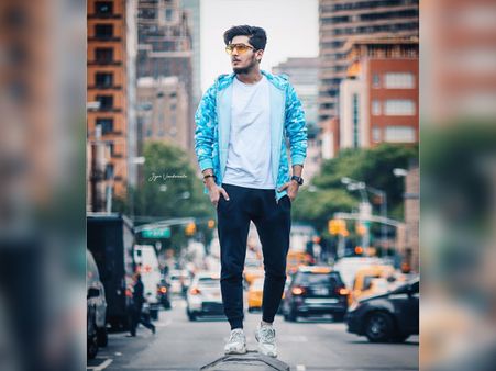 Bhavin Bhanushali In A Printed Blue Jacket And Black Pants