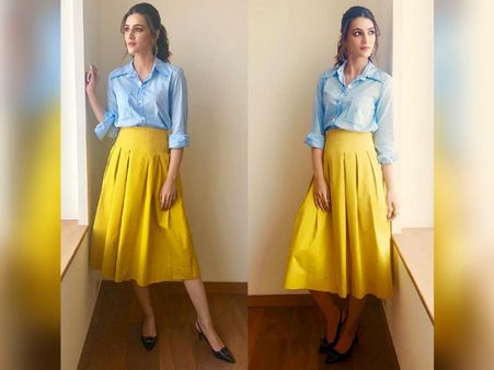 Kriti Sanon In A Blue Shirt And Yellow Skirt