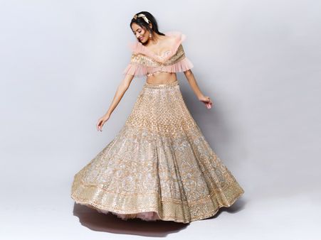 The Ruffled Peach Crop Top And Embellished Skirt