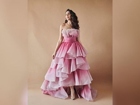 Nora Fatehi In A Pink And White Layered Gown