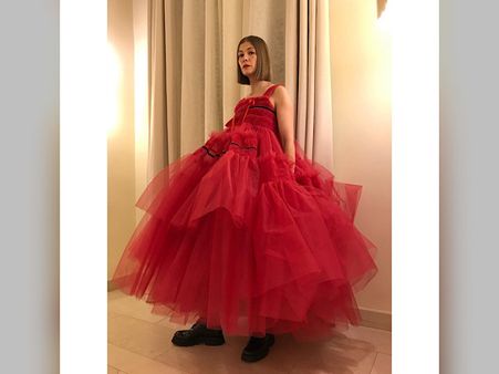 Rosamund Pike In A Red Ruffle Gown