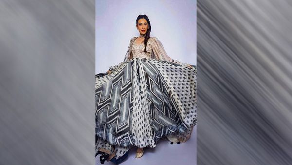 Karisma Kapoor in Grey Anarkali Suit