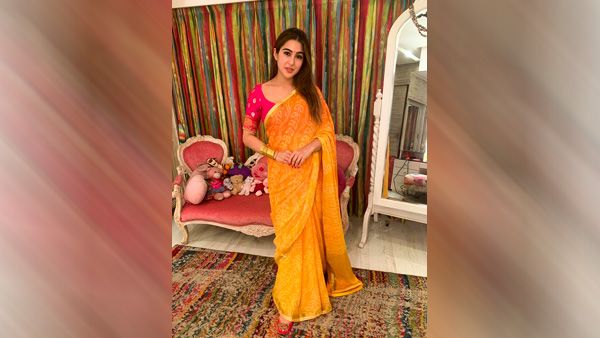 Sara Ali Khan in Orange Bandhani Saree