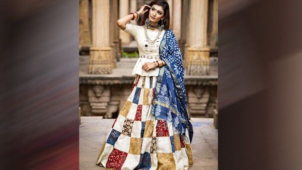 White Peplum Top & Patchwork Lehenga