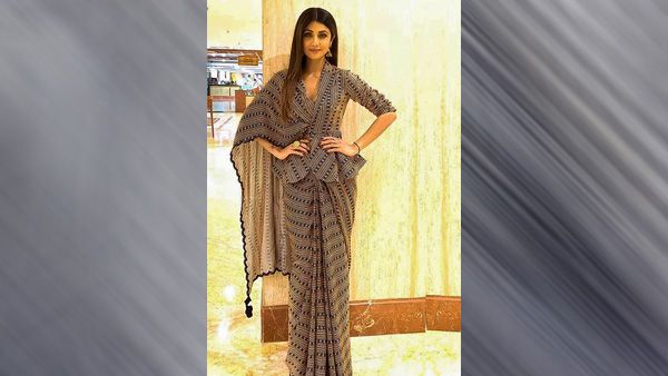Shilpa Shetty in Grey Saree and Peplum Top