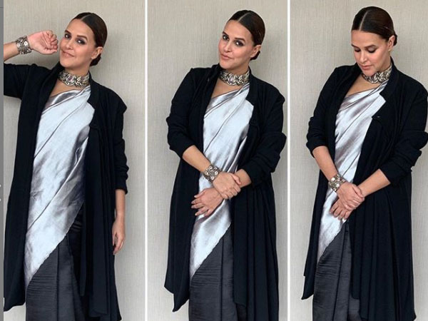 सिल्वर ग्रे साड़ी में नेहा धूपिया