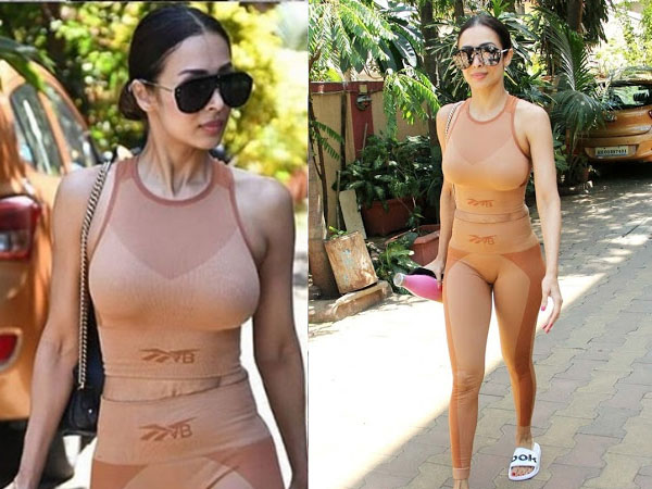 लाइट ब्राउन जिम आउटफिट में मलाइका अरोड़ा