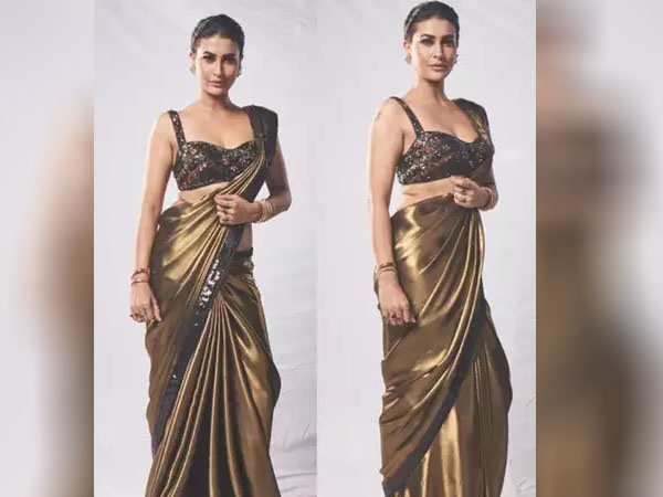 डार्क गोल्डन साड़ी में पवित्रा पूनिया