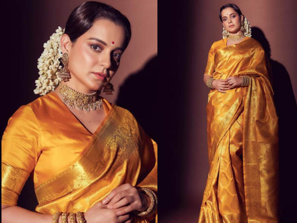 कंगना रनौत की गोल्ड कलर सिल्क साड़ी